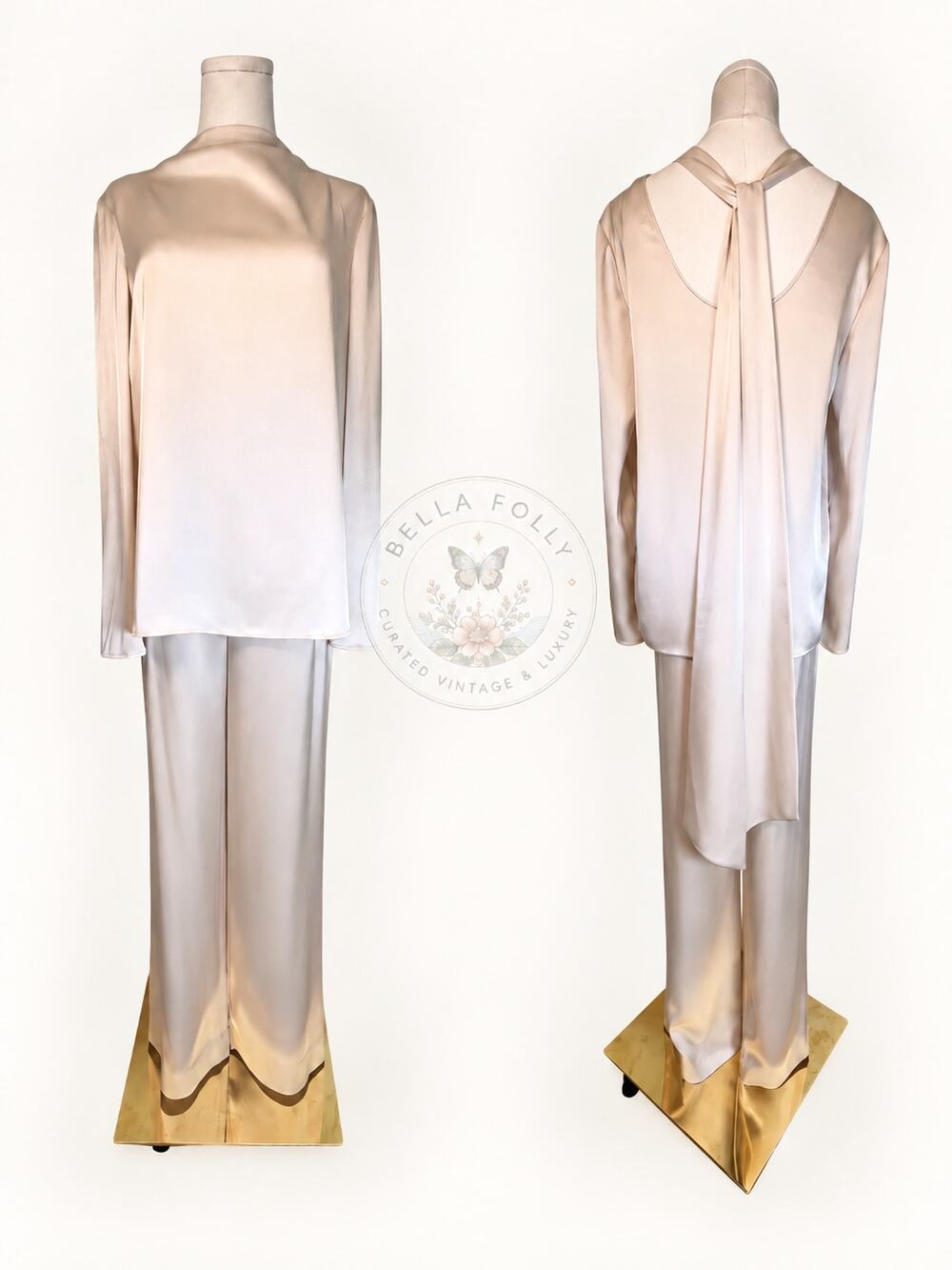 St. John Champagne Liquid Satin Kate Pants & Scarf Back Blouse Set 0/XS Cocktail